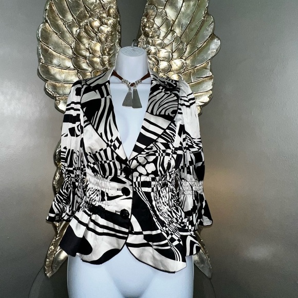 Vintage Alberto Mikali blazer, black/white 100% Silk Geometric Print, 6 - Picture 4 of 13
